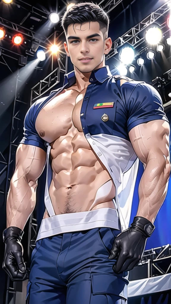 handsome man sit on stage ,(crew cut short hair:1.2),black eye,smile,open mouth (navy police uniform and t-shirt:1.2),(open shirt short sleeves:1.2),collar,(shirt covered over:1.2),(name tag and Police badge:1.2),(shirt no buttons:1.1),(black_gloves:1.3), (Navy blue cargo:1.2),Korean guy,korean men,(High gloss details),(chest muscles:1.2),(large arm muscles:1.2),blood vessel,Big muscles,Broad shoulders,looking at the audience,Balancing the eyes,middle of the road,(stage:1.4)