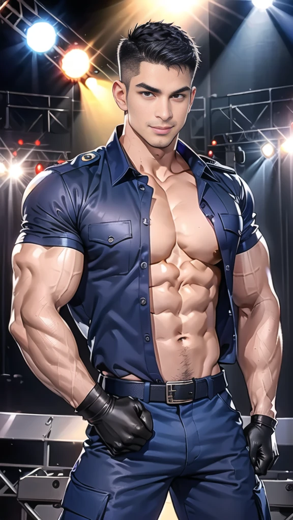 handsome man sit on stage ,(crew cut short hair:1.2),black eye,smile,open mouth (navy police uniform and t-shirt:1.2),(open shirt short sleeves:1.2),collar,(shirt covered over:1.2),(name tag and Police badge:1.2),(shirt no ons:1.1),(black_gloves:1.3), (Navy blue cargo:1.2),Korean guy,korean men,(High gloss details),(chest muscles:1.2),(large arm muscles:1.2),blood vessel,Big muscles,Broad shoulders,looking at the audience,Balancing the eyes,middle of the road,(stage:1.4)