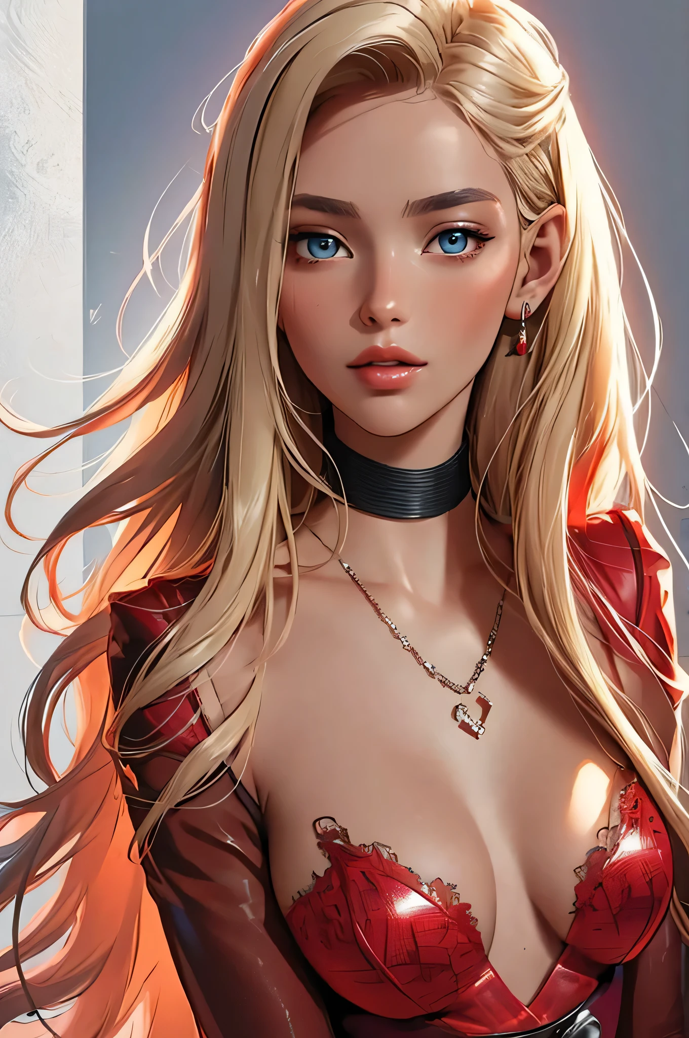 (masterpiece, top quality, best quality, official art, beautiful and aesthetic:1.2), young (1girl:1.3), (wearing torn red dress:1.3), (blonde:1.3) hair, long hair, (colorful eyes:1.3), extremely detailed, colorful, (highly detailed CG illustration), (looking at viewer), cinematic light, solo, half body, (character focus), ),Cath, extravagant makeup, full lips, sexy pose, clothes ASIDE , used condoms, partially naked, shiny skin, red lingerie