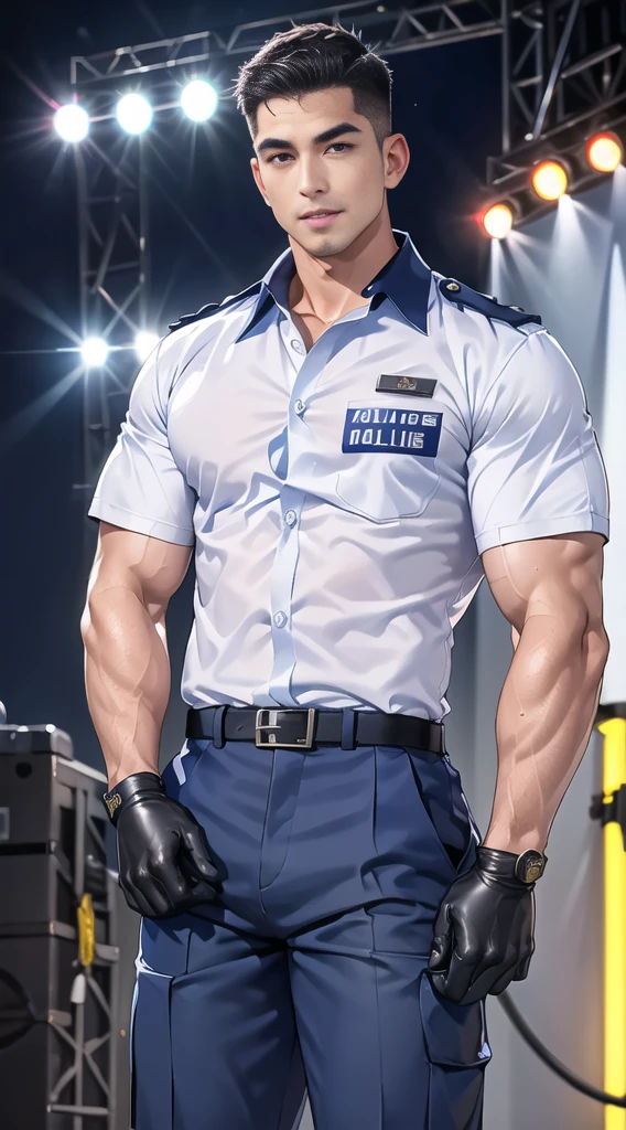 handsome man,(crew cut short hair:1.2),black eye,smile,open mouth (navy police uniform:1.2),(shirt short sleeves:1.2),collar,(shirt covered over:1.2),(name tag and Police badge:1.3),(shirt no buttons:1.1),(black_gloves:1.3), (Navy blue cargo:1.2),Korean guy,korean men,(High gloss details),(chest muscles:1.2),(large arm muscles:1.2),blood vessel,Big muscles,Broad shoulders,looking at the audience,Balancing the eyes,middle of the road,(stage:1.2),