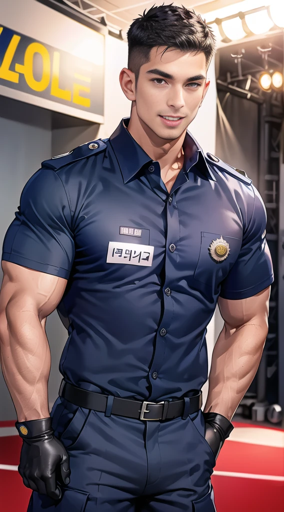 handsome man,(crew cut short hair:1.2),black eye,smile,open mouth (navy police uniform:1.2),(shirt short sleeves:1.2),collar,(shirt covered over:1.2),(name tag and Police badge:1.3),(shirt no buttons:1.1),(black_gloves:1.3), (Navy blue cargo:1.2),Korean guy,korean men,(High gloss details),(chest muscles:1.2),(large arm muscles:1.2),blood vessel,Big muscles,Broad shoulders,looking at the audience,Balancing the eyes,middle of the road,(stage:1.2),