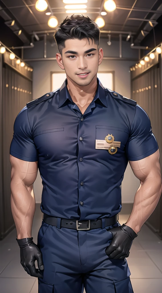 handsome man,(crew cut short hair:1.2),black eye,smile,open mouth (navy police uniform:1.2),(shirt short sleeves:1.2),collar,(shirt covered over:1.2),(name tag and Police badge:1.3),(shirt no buttons:1.1),(black_gloves:1.3), (Navy blue cargo:1.2),Korean guy,korean men,(High gloss details),(chest muscles:1.2),(large arm muscles:1.2),blood vessel,Big muscles,Broad shoulders,looking at the audience,Balancing the eyes,middle of the road,(stage:1.2),