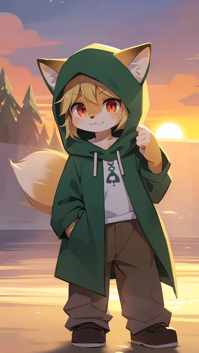 shota the fox, , was hairy, shaggy, skin fur, smooth lashes, golden fur, forelimb hands, straight long blonde hair, solid circle eyes, golden ears, golden fur, golden facial fur, shiny hair, red eyes, super cute face, 1fox tail, fluffy tail, furry tail, glowing eyes, green coat green hood down, brown trousers, standing, ambient light, ultra-fine fur, dashed eyes, full body, masterpiece, high quality, high-details, best quality, wide short, (((solo))), twilight, sun light, red sky, rim light