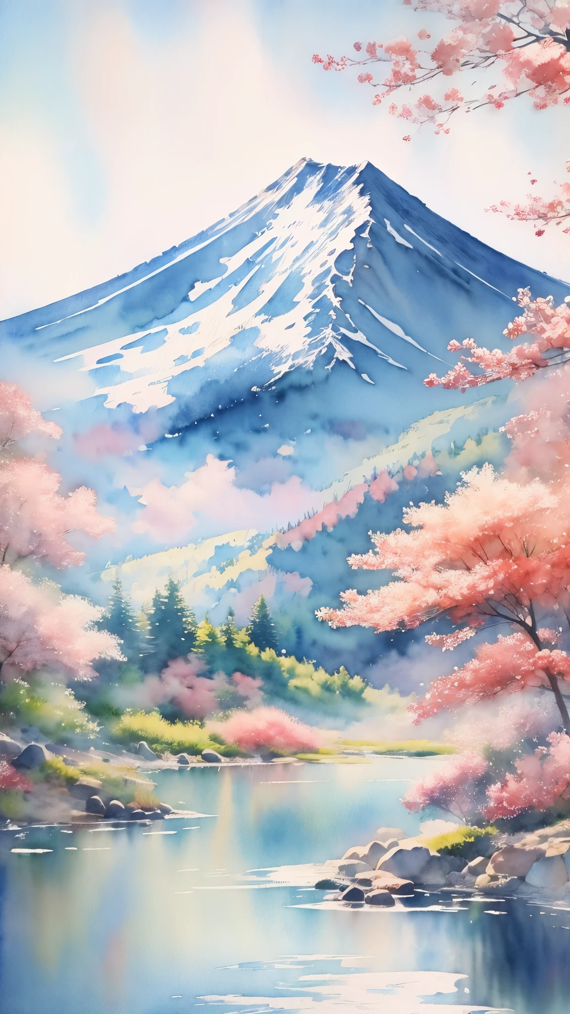 (masterpiece:1.2, Highest quality),(Very detailed),(((watercolor))),8K,wallpaper,Japanese Landscape,Fuji Mountain,Lake Yamanaka,summer