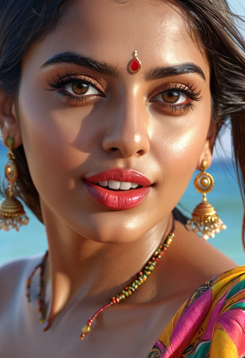 "(best quality,highres), Indian woman at beach, wearing bikini & sarong, goa beaches, beautiful detailed eyes and lips, long eyelashes, realistic rendering, vibrant hues, high resolution, ultra-detailed, realistic rendering, high-resolution masterpiece, ", (woman's appearance is curved and attractive), all pose, ass fangs
