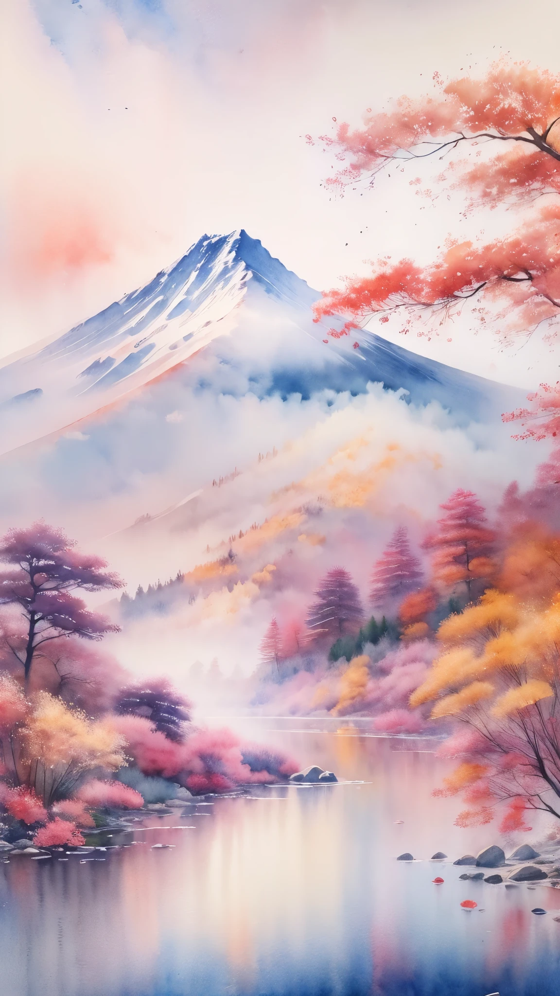 (masterpiece:1.2, Highest quality),(Very detailed),(((watercolor))),8K,wallpaper,Japanese Landscape,Fuji Mountain,Lake Yamanaka,autumn