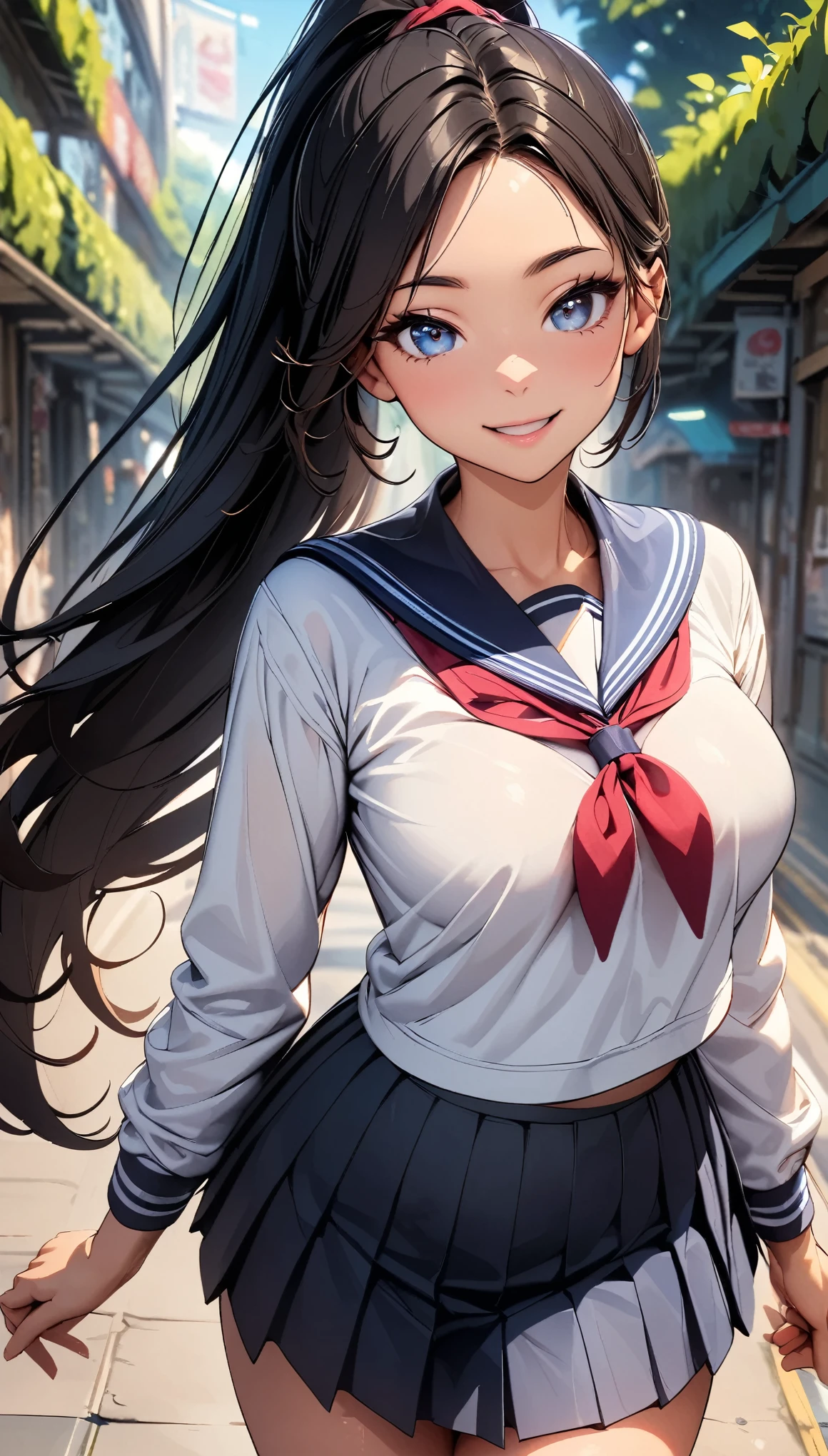 (Highest quality:1.24K, 8K, Very detailed, Latest, Vibrant, High detail, masterpiece:1.2, Highest quality, Best aesthetics), (((1 Girl))), JK, Sailor suit, Pleated skirt, Open your mouth slightly:1.2, smile, (Black Hair, High long ponytail), Dynamic Angle, Friendly atmosphere, Beautiful Hair, Shiny Hair, Beautiful Skin, Detailed face and eyes, Glossy Lips, Curvy Women, A park full of greenery:1.2, Colorful flowers, Light and shadow with attention to detail, Background Blur.