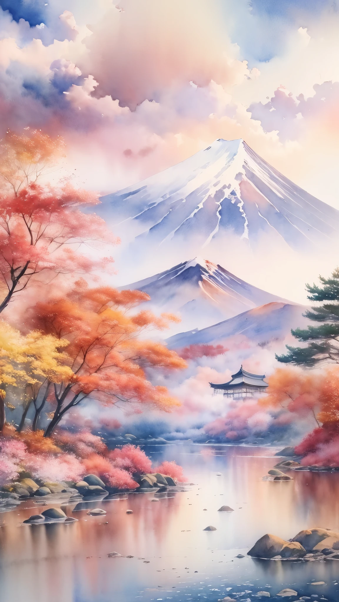 (masterpiece:1.2, Highest quality),(Very detailed),(((watercolor))),8K,wallpaper,Japanese Landscape,Fuji Mountain,Lake Yamanaka,autumn