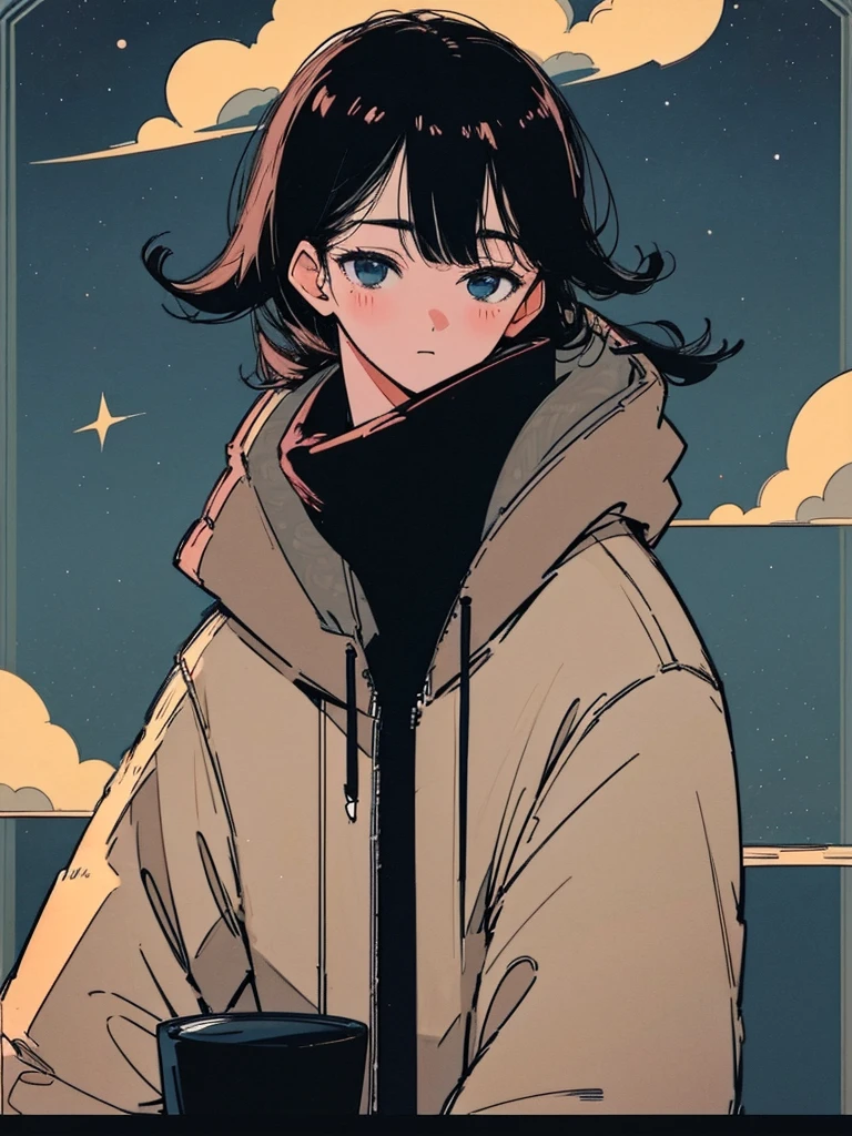 Close-up of a 19-year-old black-haired man、Being Calm、gentle light、black background、Coffee、head shot、Lo-Fi Illustration、a relaxing sight、starry sky、Countless stars、night view、Scarf、hoodie