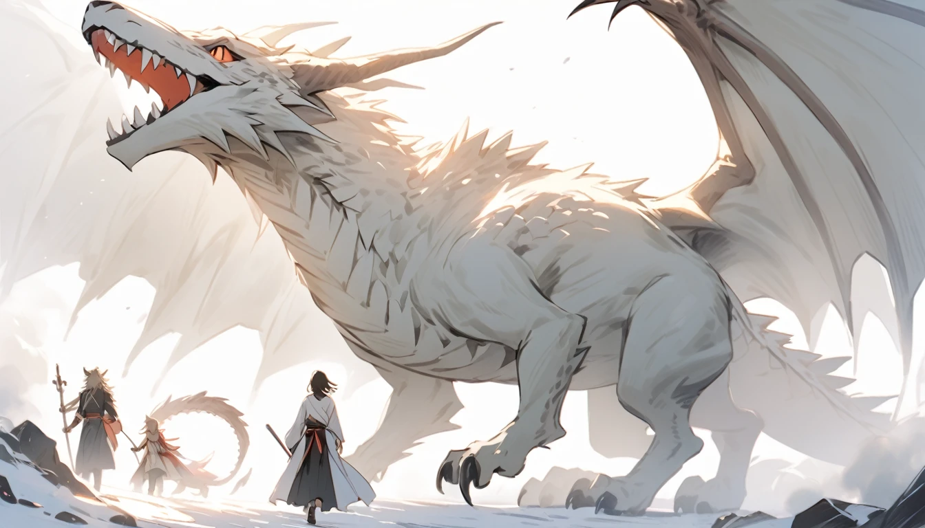 The humans walked accompanied by the dragon on the right and Fenrir on the left