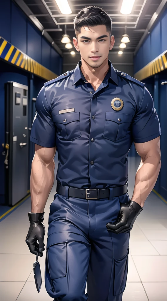 handsome man,(crew cut short hair:1.2),black eye,smile,open mouth (navy police uniform:1.2),(shirt short sleeves:1.2),collar,(shirt covered over:1.2),(name tag and Police badge:1.3),(shirt no buttons:1.1),(black_gloves:1.3), (Navy blue cargo:1.2),Korean guy,korean men,(High gloss details),(chest muscles:1.2),(large arm muscles:1.2),blood vessel,Big muscles,Broad shoulders,looking at the audience,Balancing the eyes,middle of the road,(stage:1.2),