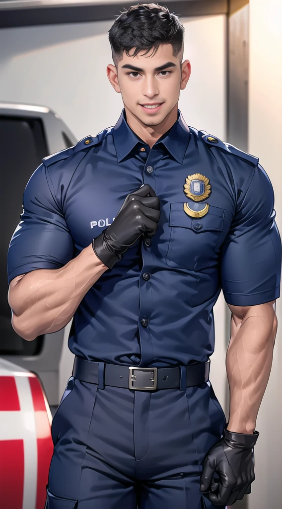 handsome man,(crew cut short hair:1.2),black eye,smile,open mouth (navy police uniform:1.2),(shirt short sleeves:1.2),collar,(shirt covered over:1.2),(name tag and Police badge:1.3),(shirt no buttons:1.1),(black_gloves:1.3), (Navy blue cargo:1.2),Korean guy,korean men,(High gloss details),(chest muscles:1.2),(large arm muscles:1.2),blood vessel,Big muscles,Broad shoulders,looking at the audience,Balancing the eyes,middle of the road,(stage:1.2),