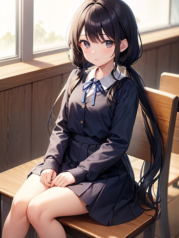 Takina inoue, masterpiece, best quality, 1 girls, solo, black long hair, white shirt, school uniform, pleated skirt, breast out, blush, shy, sexy pose, smile, indoor, classroom, chair, desk, window, sitting, hands behind,