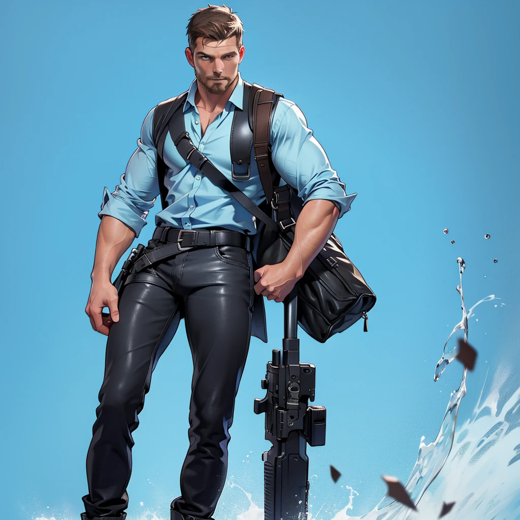 1 man, male focus solo, middle aged man,Stephen AMELL, tall, lean muscle, light blue shirt, brown leather shoulder holster, faded black trouser, full body shot, black short hair, facial hair, holding a pistol with two hands, (pistol:1.2), ultra high quality, masterpiece, low camera angle, intense splashed blue and white paint in the blackground