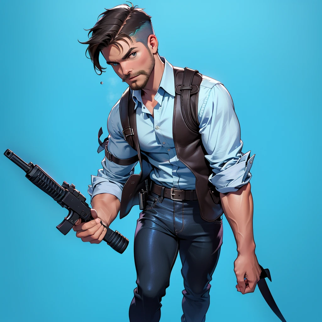 1 man, male focus solo, middle aged man,Stephen AMELL, tall, lean muscle, light blue shirt, brown leather shoulder holster, faded black trouser, full body shot, black short hair, facial hair, holding a pistol with two hands, (pistol:1.2), ultra high quality, masterpiece, low camera angle, intense splashed blue and white paint in the blackground