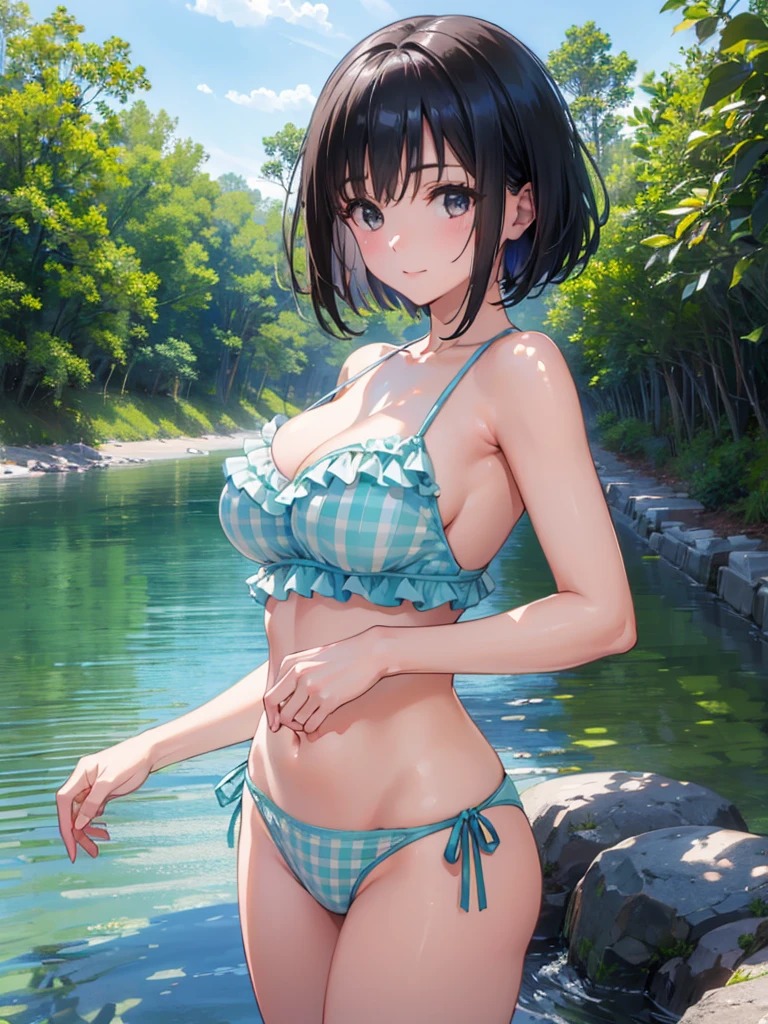 (Highest quality, masterpiece, Ultra-high resolution, (Photorealistic:1.4), RAW Photos), One girl,Gingham-print-bikini(white), (Very short black hair, Amazingly cute face, Very beautiful big black eyes)), Very lean body, Very flat and beautiful Massive Breasts and a beautiful ass, An innocent smile, Booty pose, View Viewer, Detailed face, Fine grain, Detailed Hair, Detailed body, Thigh details, Detailed Swimsuit