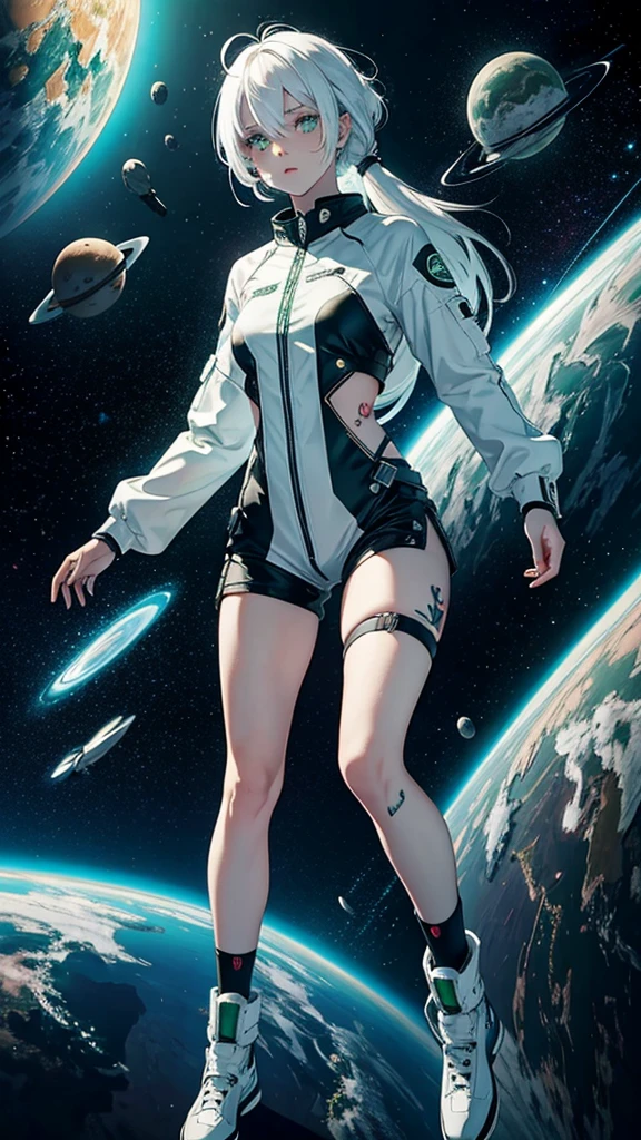 White hair, green eye, girl, tattooed, full body, space, future, old