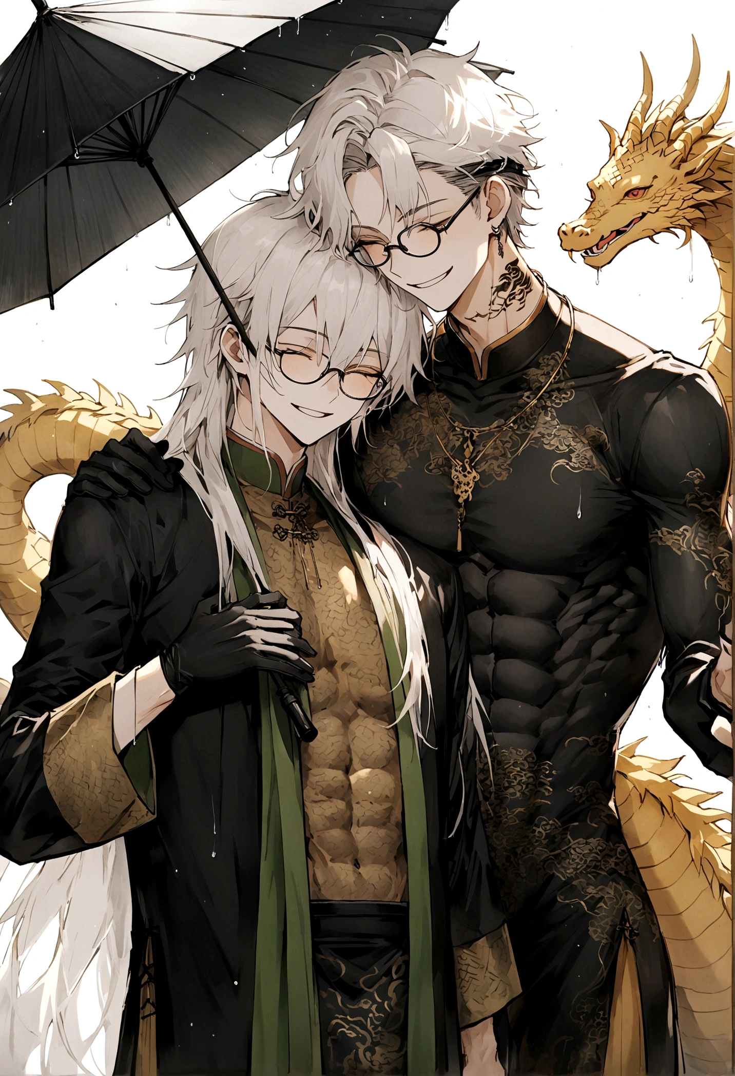 Long white hair, always smile and close the eyes,male,slim, black Chinese mix Vietnamese long clothes with golden dragon patterns, black dragon tattoos on neck, black rimless glasses on head, black gloves, personality stoic always close the eyes, holding black umbrella,**close the eyes**,have abs,The background have bamboo have rainy 