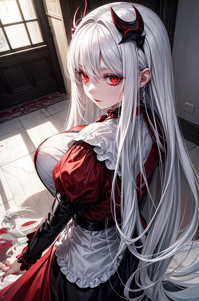 (masterpiece, Best quality, realistic skin, ), 1 Girl, White hair, gloomy mood, Dark Ruins, a vampire, blood spatter, Liquid Makeup, Frightened Face, formal, long hair, shadow, dark photo, Low light, Light pink dress, bows sad face, A dreary look, (a lot of blood on the face), blood on the lips