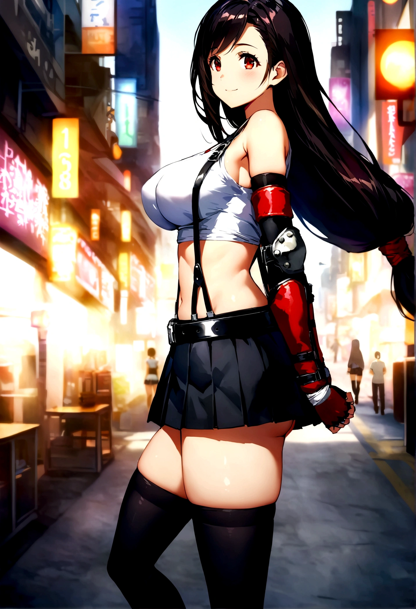 score_9, score_8_up, score_7_up,score_6, score_5,4k,BREAK , from side,from side,side view,breast focus,standing,straight-on,walking,(arms behind back),(mediumshot),looking_at_viewer ,1girl, tifa lockhart, final fantasy, tareme,black hair, low-tied long hair, red eyes, bangs, (white tank top, belt, pleated skirt, thighhighs, elbow fingerless gloves, elbow pads, midriff, navel,suspender skirt) ,(large_breast),(light smile),Curvy waist,,Solo,,(daytime and beachside and city),detailed skin,(best quality),(aesthetic,very aesthetic),UHD,HDR,intricate detailed,anime,highly detailed,sharp focus,depth of field,,professional lighting,cinematic lighting, , 　　