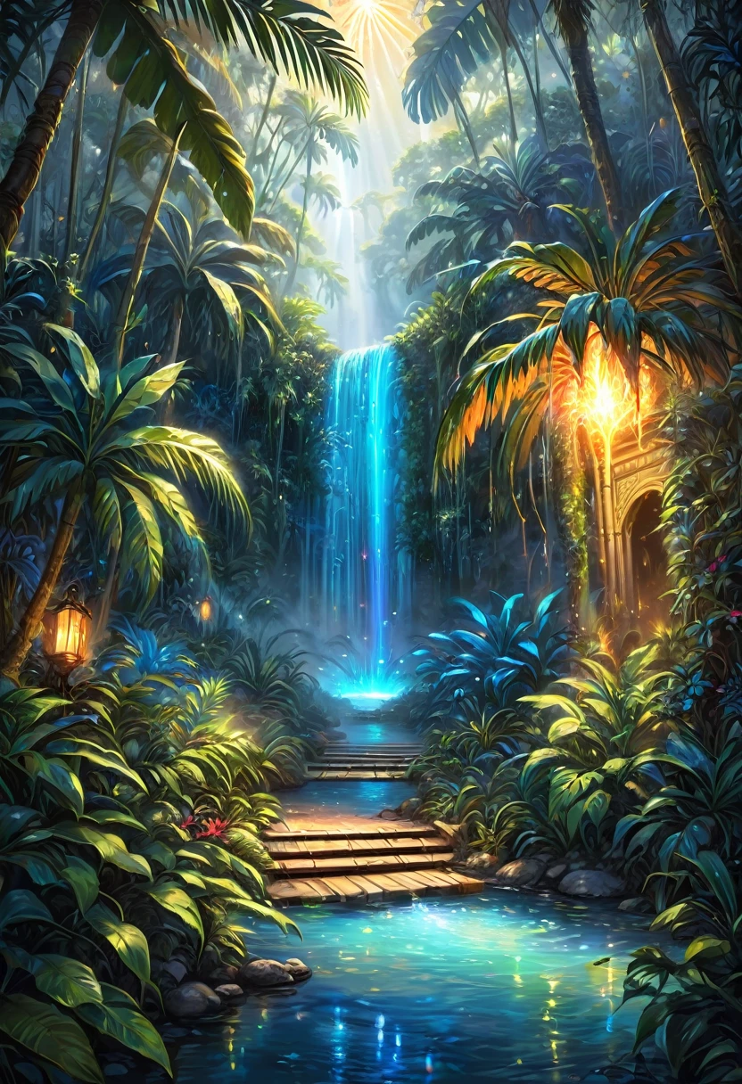 Fantasy style, illustration, insanely detailed, flames, fire, fairy dust, An amazing oasis spreads over tropical expanses, blue Laguna, sparks, luminescent water, waterfalls, bridges, slopes and mountains, I make my way through the high jungle but inside the wild thickets, vines and palm trees there is warm light from illuminated fog and streams of light breaking through the crowns of trees, sparks like fireflies are visible and everywhere light resembling luminescent haze, in some places you can see electrically blue light, you can see the race and humidity of the leaves, looks like a good drawing