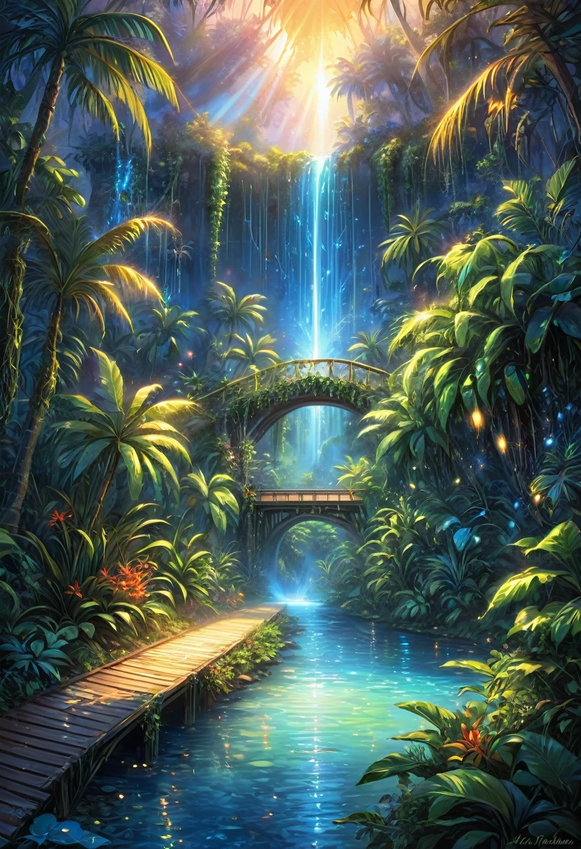 Fantasy style, illustration, insanely detailed, flames, fire, fairy dust, An amazing oasis spreads over tropical expanses, blue Laguna, sparks, luminescent water, waterfalls, bridges, slopes and mountains, I make my way through the high jungle but inside the wild thickets, vines and palm trees there is warm light from illuminated fog and streams of light breaking through the crowns of trees, sparks like fireflies are visible and everywhere light resembling luminescent haze, in some places you can see electrically blue light, you can see the race and humidity of the leaves, looks like a good drawing