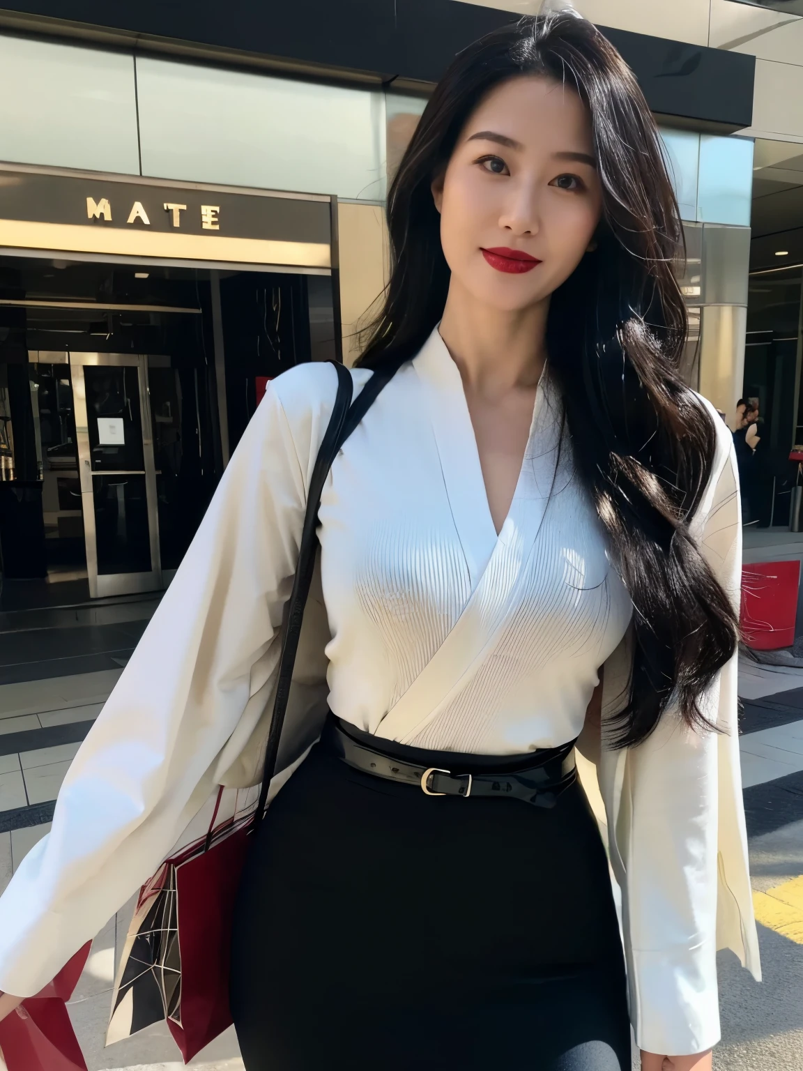 Describe facial features accurately and in detail,Red lipstick, From the chest up, Ultra Detailed,lifelike, Super delicate skin, perfect anatomy (Solitary),skirt,Black belt,Long wavy hair,37-year-old female,Mature,Charming smile,shopping mall,Standing,Leg length,Big breasts,stand up,full-body shot
