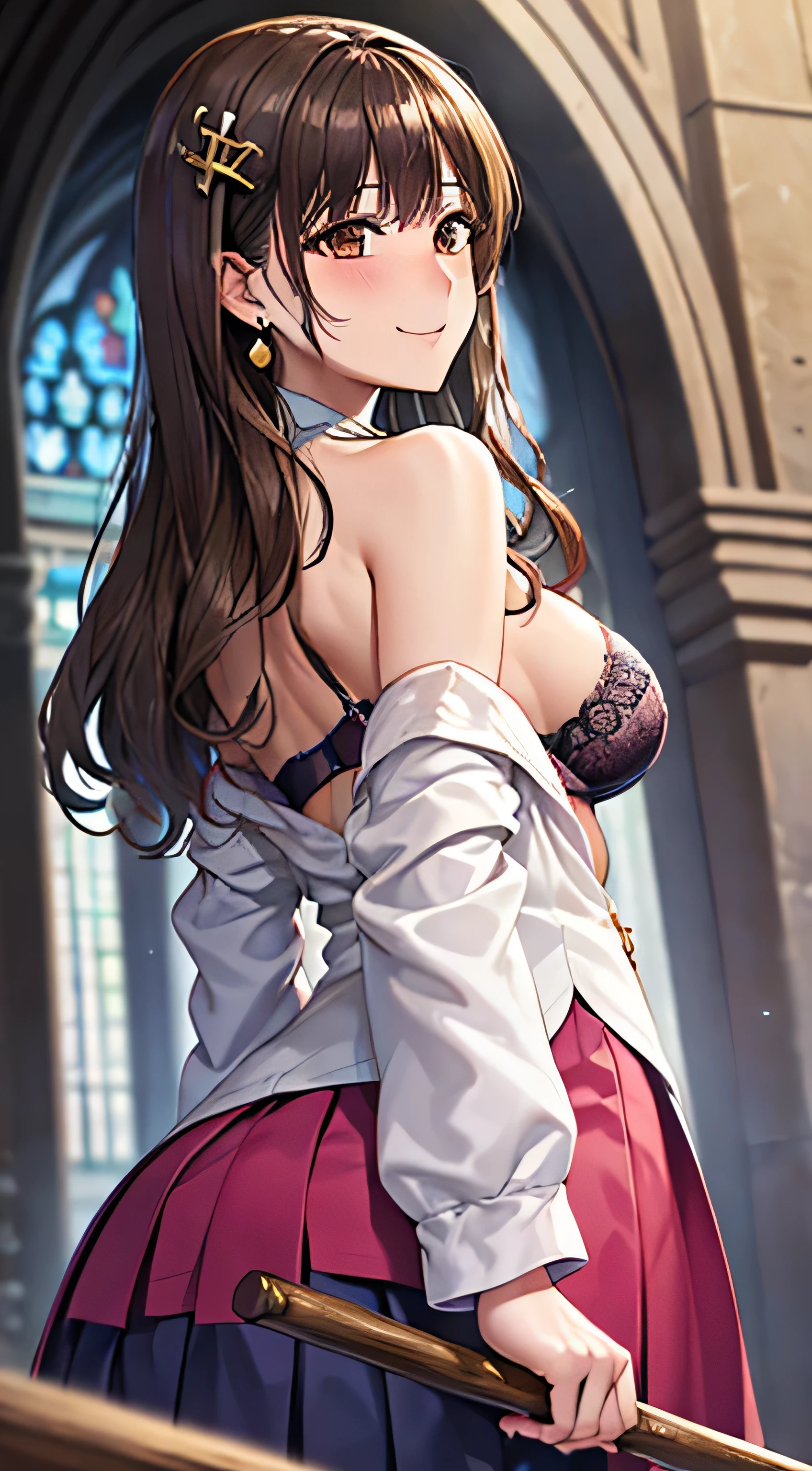 ((Tabletop, Highest quality, High resolution, , Pixel Perfect, 4K,))), 1 female, 、The whole body is visible、 ((Long Wavy Hair, bangs, Brown Hair)), ((Brown eyes, Beautiful eyelashes, Realistic eyes)), ((Detailed face, Blushing:1.2)), ((Smooth texture:0.75, Realistic texture:0.65, Realistic:1.1, Anime CG Style)), Medium sized breasts, Dynamic Angle, Perfect body, (( , , Beautiful Priest、、 Priest off-shoulder jacket、Priest Flare Skirt、、)), Gold Hair Ornament、Cross Necklace、Earrings、Very embarrassing panic smile, 、Gorgeous church basilica、、Hold a big Bible、Leaning forward、Stick your butt out、Lacy pink bra、、、、、 、Angle from below)、