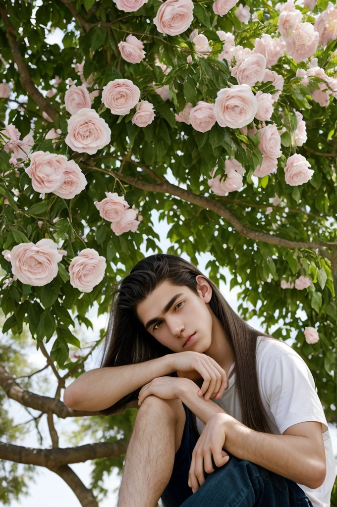 a boy with long hair, white and straight, combed back, not very white skin, green eyes, black eyebrows, ears a little pointy, pink lips, he is 19 years old, is sitting under a tree next to birds and flowers 2D art