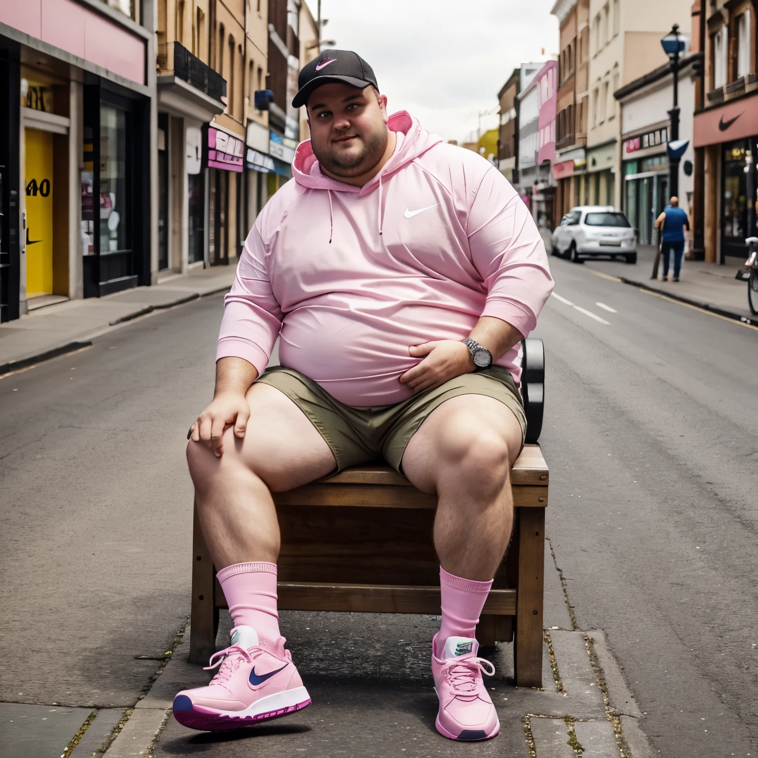 A full body photo in town street, a very fat 300 pound 30-year-old guy Aaron Frew wearing carhartt pink open hoodies, white Nike t-shirt showing off overhanging belly and full chest ,olive green cargo shorts, white and pink nike dunk sneakers off, pink Nike socks, silver rings, brown short undercut hair, sitting on a becnh in his pink socks, showing off his pink socks, sneakers off