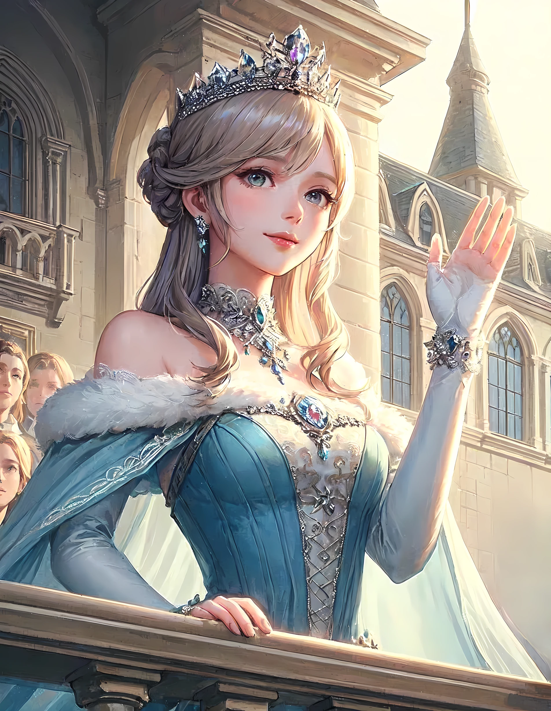 1lady solo, from below, standing on balcony, looking down, (waving hand:1.1) gracefully, queen, (elegant dress) cool-colored, (crystal tiara), /(beige hair/) bangs, kind smile (benevolence), (masterpiece best quality:1.2) delicate illustration ultra-detailed, large breasts, elbow glove BREAK (balcony of medieval European palace) outdoors, audience, detailed background