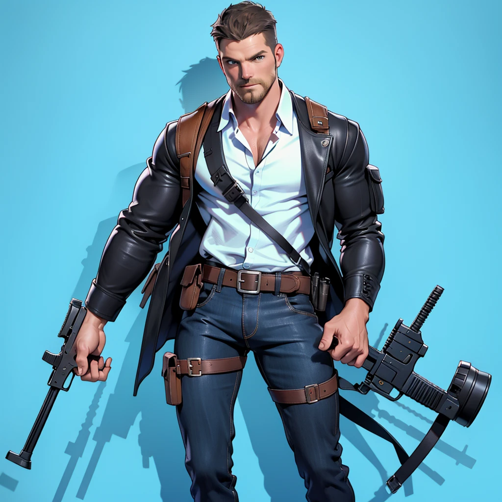 1 man, male focus solo, middle aged man,Stephen AMELL, tall, lean muscle, light blue shirt, brown leather shoulder holster, faded black trouser, full body shot, black short hair, facial hair, holding a pistol with two hands, (pistol:1.2), ultra high quality, masterpiece, low camera angle, intense splashed blue and white paint in the blackground