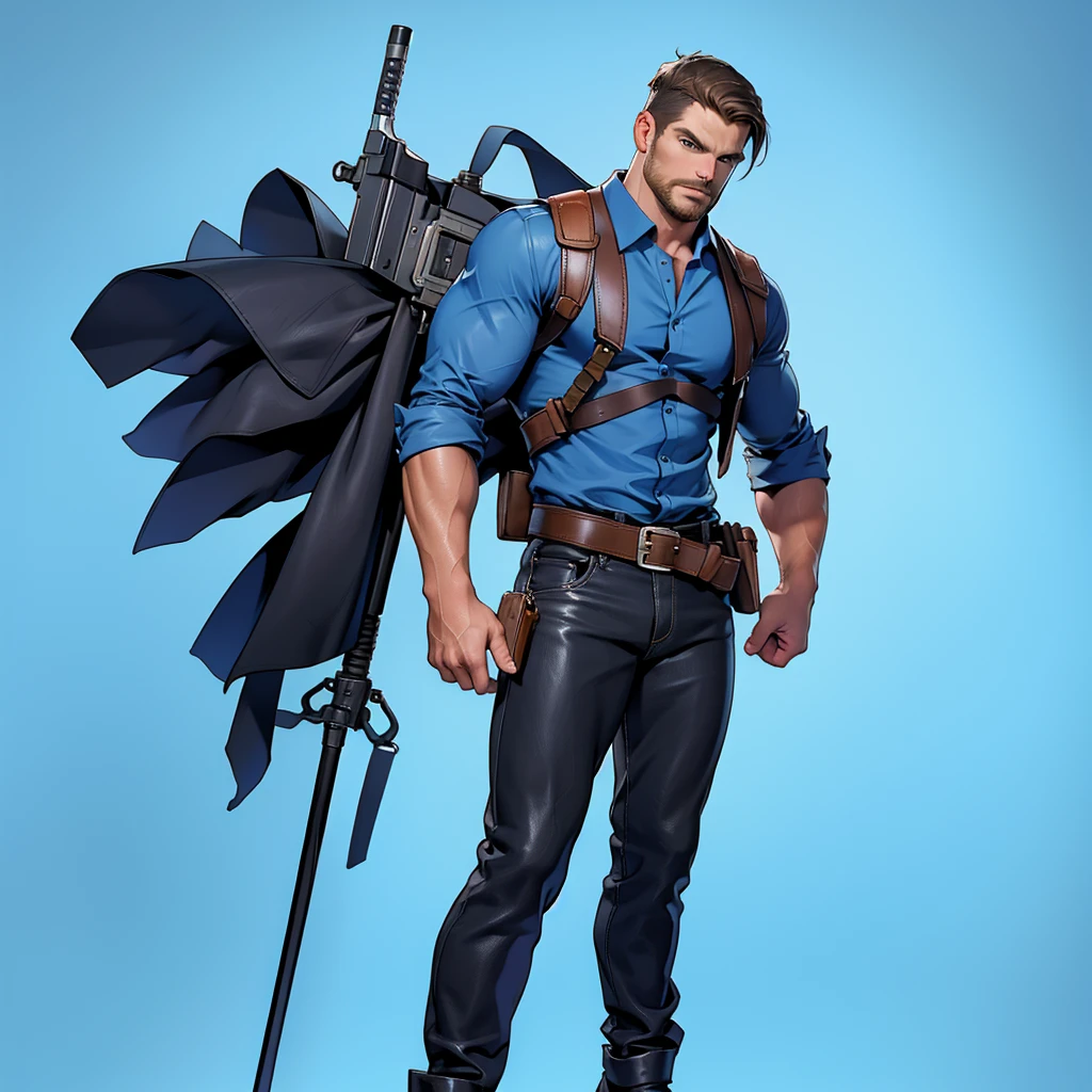 1 man, male focus solo, middle aged man,Stephen AMELL, tall, lean muscle, light blue shirt, brown leather shoulder holster, faded black trouser, full body shot, black short hair, facial hair, holding a pistol with two hands, (pistol:1.2), ultra high quality, masterpiece, low camera angle, intense splashed blue and white paint in the blackground