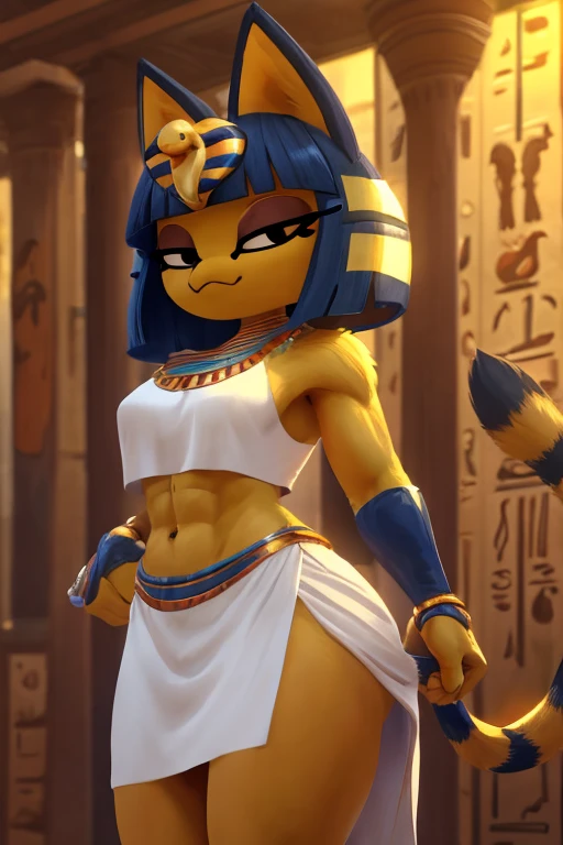 (((masterpiece))), (((best quality))), (((detailed))), ((4k)), trending on artstation, ((furry)), anthro style, furry style, a digital artwork of a sexy Ankha with abs wearing a crop top of her white sleeveless dress with long white skirt, a bare midriff, a bare navel and an exposed belly button, Egyptian setting, sideview, blue Egyptian handbands, she has a smug look,2d style