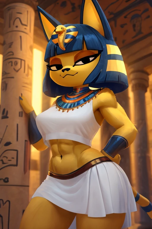 (((masterpiece))), (((best quality))), (((detailed))), ((4k)), trending on artstation, ((furry)), anthro style, furry style, a digital artwork of a sexy Ankha with abs wearing a crop top of her white sleeveless dress with long white skirt, a bare midriff, a bare navel and an exposed belly button, Egyptian setting, sideview, blue Egyptian handbands, she has a smug look,2d style