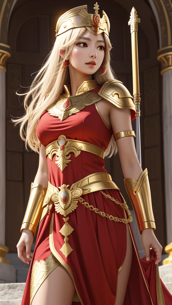 Greek goddess Athena, red tunic, golden armor, golden shield. rostro de jennie kim. good body, whole body. Vestido blanco, falda roja armadura de oro. Lleva un caso corintio, casco griego 