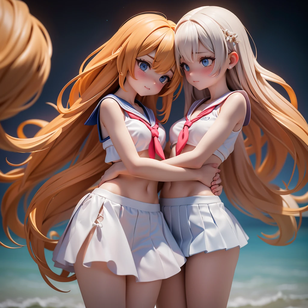 Actual, Two girls staring at each other, Long Shot, One short woman (Permanently installed) Wear a bikini, Long Hair, barefoot, 1 Mini Giantess Mini Giantess (feminine, Losing weight, sexy, Torn clothes, Sweat), (Medium Chest: 1.5) Looking down, Dynamic pose, Best, Scene involving two women, Beware of height differences, Couple,Sailor suit、Long skirt, Anxious face (Highly refined skin),  Detailed face, 8K Ultra HD, Soft Light, high quality, Full body portrait.