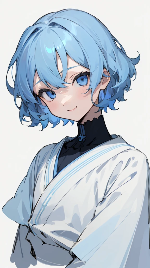 1 girl、straight、Upper body、solo、Short hair like a boy、dark blue hair、Light blue hair band:1.2、blue eyes、smile、robe blanche、line drawing、simple background、white background