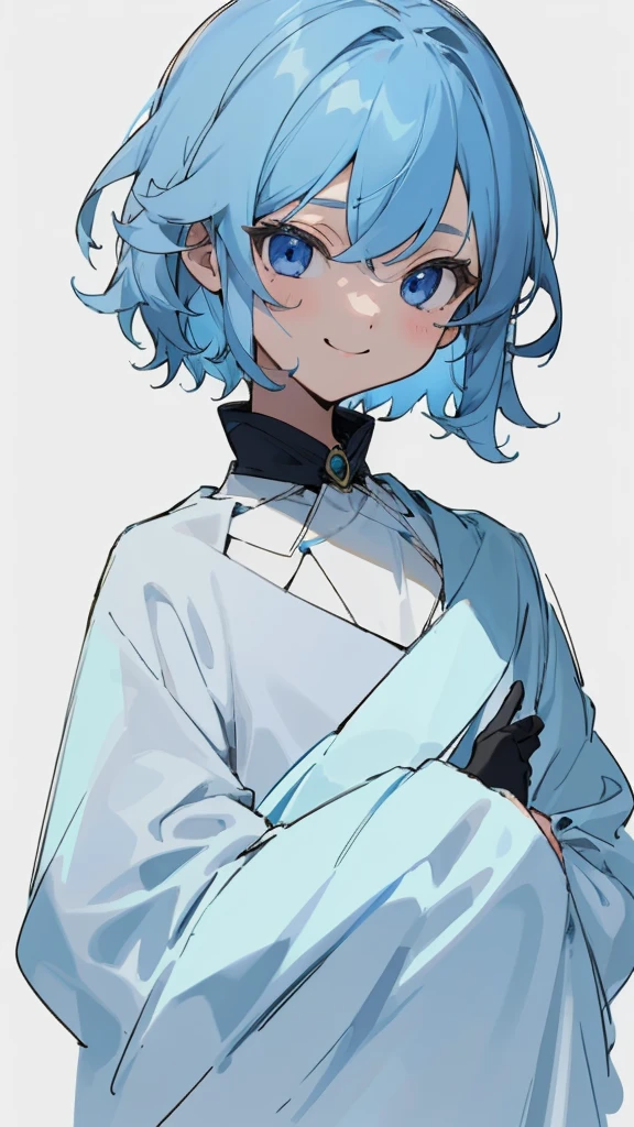 1 girl、straight、Upper body、solo、Short hair like a boy、dark blue hair、Light blue hair band:1.2、blue eyes、smile、robe blanche、line drawing、simple background、white background