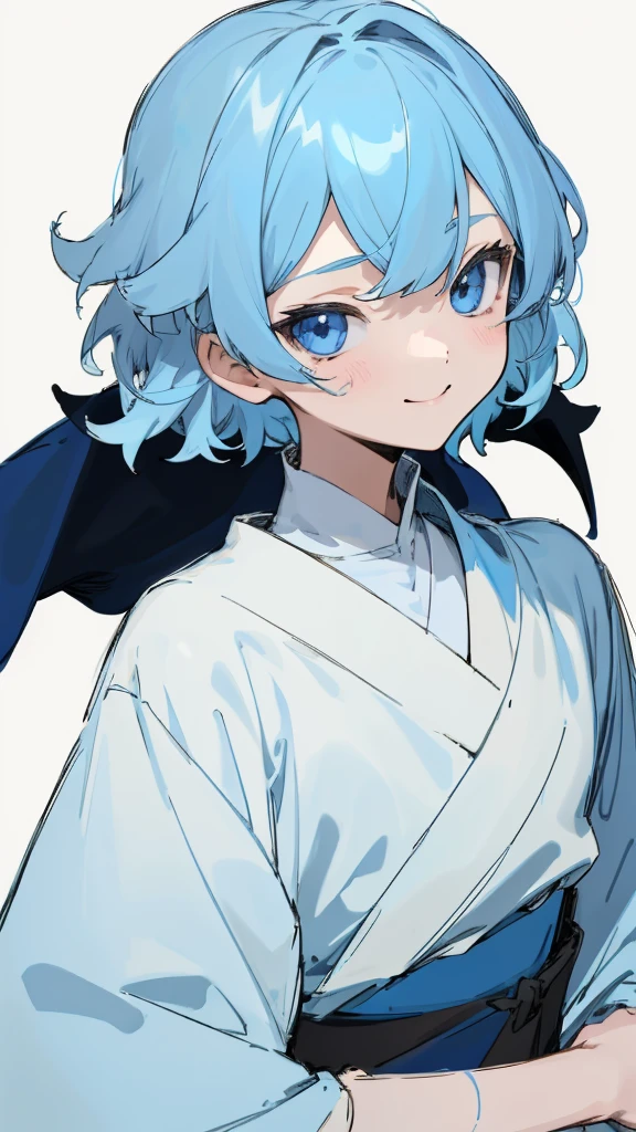 1 girl、straight、Upper body、solo、Short hair like a boy、dark blue hair、Light blue hair band:1.2、blue eyes、smile、robe blanche、line drawing、simple background、white background