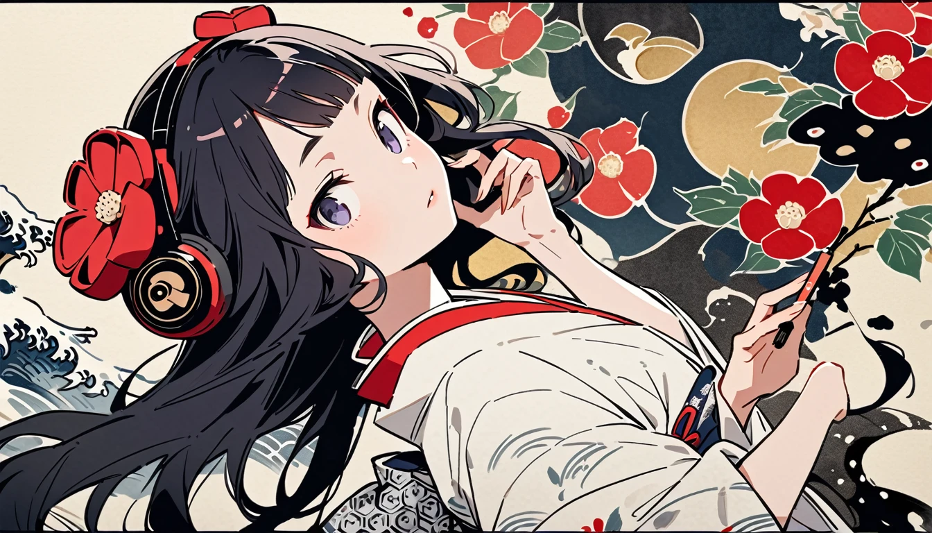 Highest quality, Katsushika Hokusai, Ink Painting, (((longhair))), (((White kimono))), Japanese style headphones, camellia, beautiful girl, Black Hair, Delicate and precise, Modern ukiyo-e style,