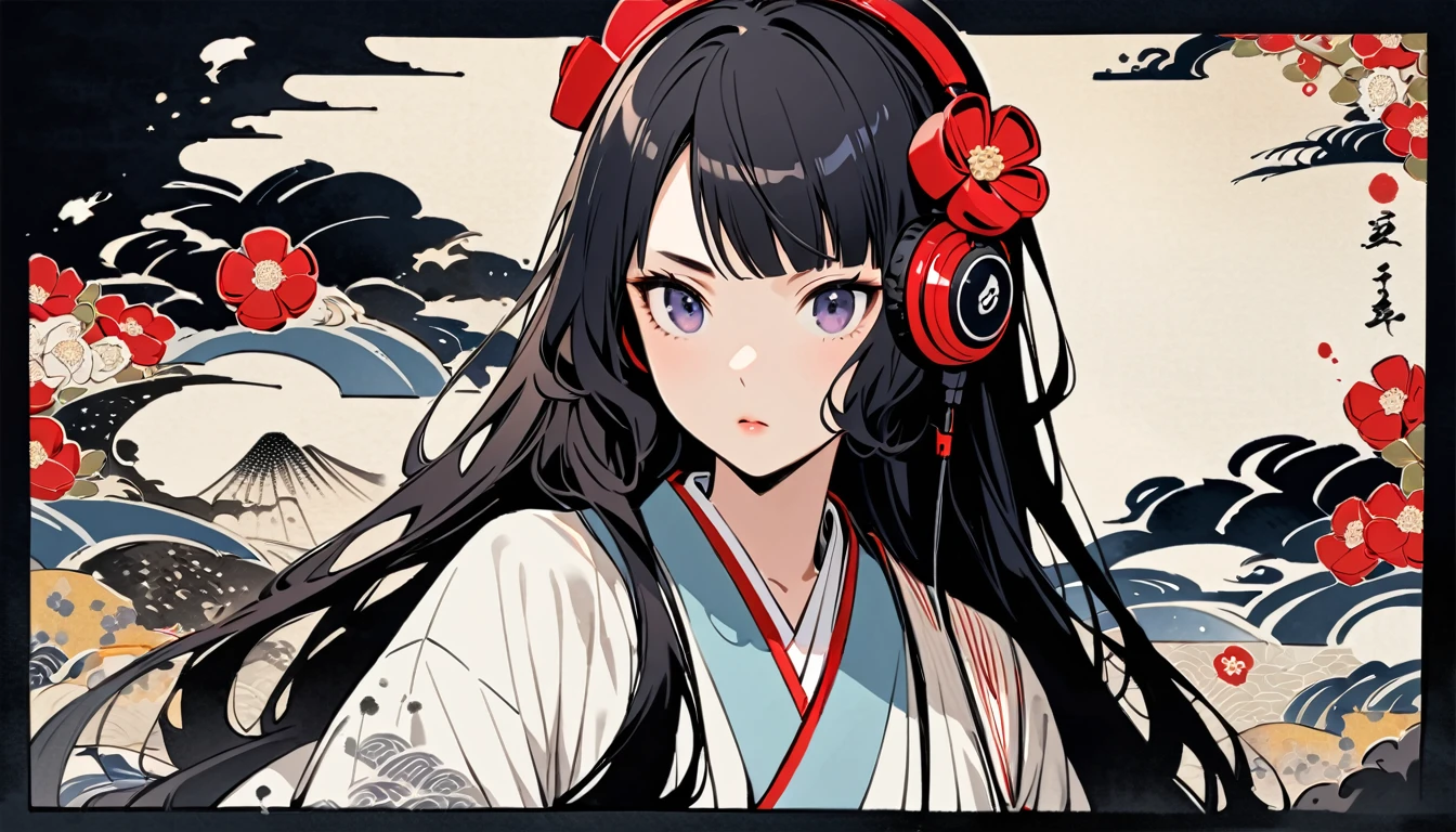 Highest quality, Katsushika Hokusai, Ink Painting, (((longhair))), (((White kimono))), Japanese style headphones, camellia, beautiful girl, Black Hair, Delicate and precise, Modern ukiyo-e style,