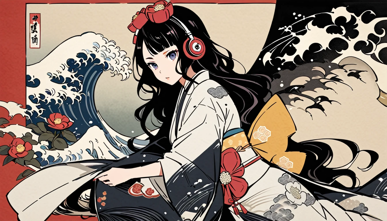 Highest quality, Katsushika Hokusai, Ink Painting, (((longhair))), (((White kimono))), Japanese style headphones, camellia, beautiful girl, Black Hair, Delicate and precise, Modern ukiyo-e style,