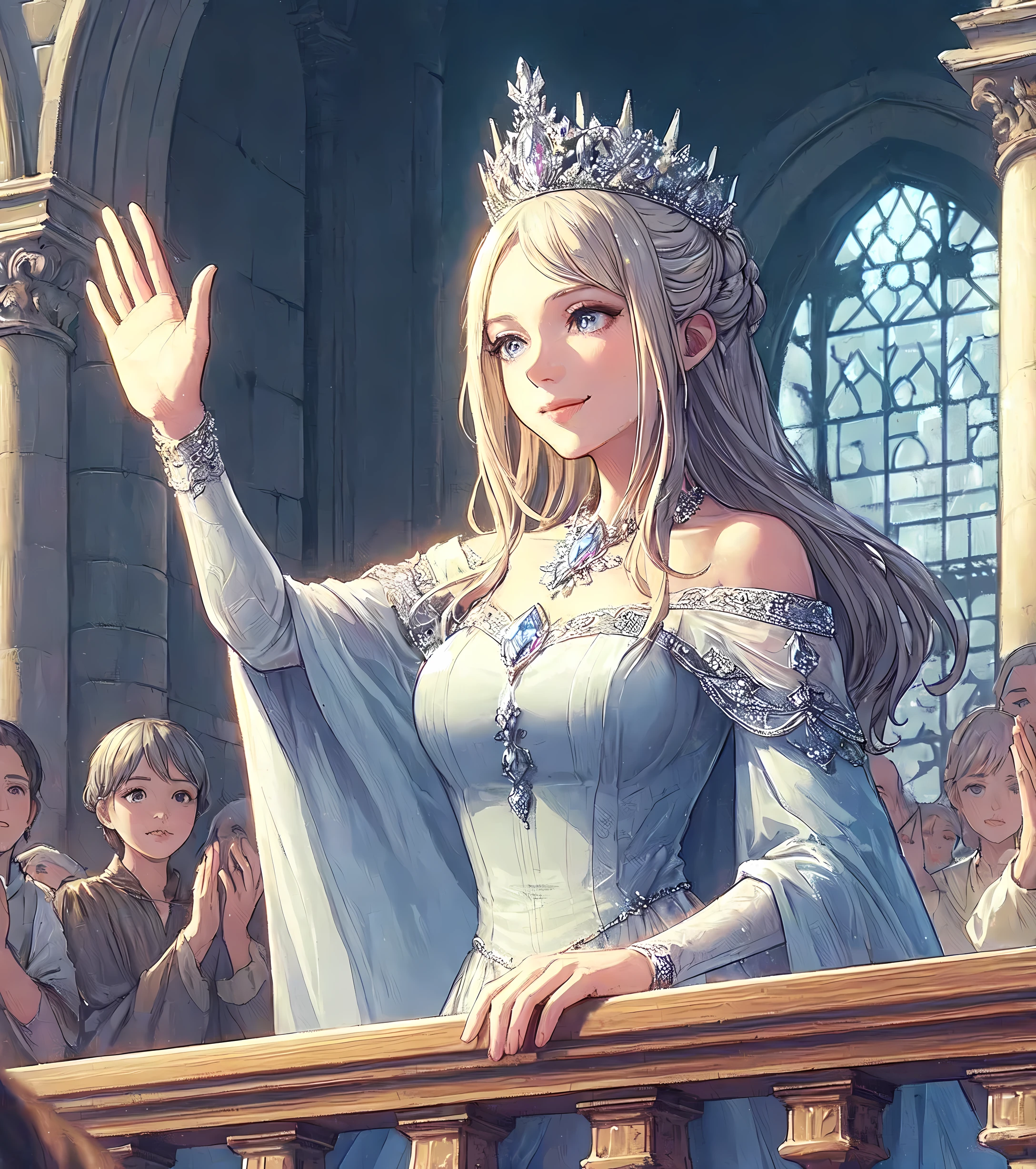 1lady solo, from below, standing on balcony, looking down, (waving hand:1.1) gracefully, queen, (elegant dress) cool-colored, (crystal tiara), /(silver blond hair/) bangs, kind smile (benevolence), (masterpiece best quality:1.2) delicate illustration ultra-detailed, large breasts BREAK (balcony of medieval European palace) outdoors, audience, detailed background