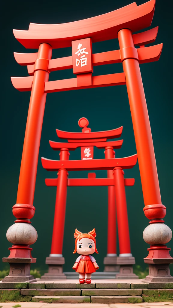 Place one small doll on a circular stand, By Cartoon picture book of background is a Fushimi Inari-taisha Shrine in Japan, with many red torii gates, It's sunny, kawaii pose, A smile, Raise your right hand, Eye Up, Laugh, Cute red shoes, Ultra Detail, radiant light, Taken from the side.