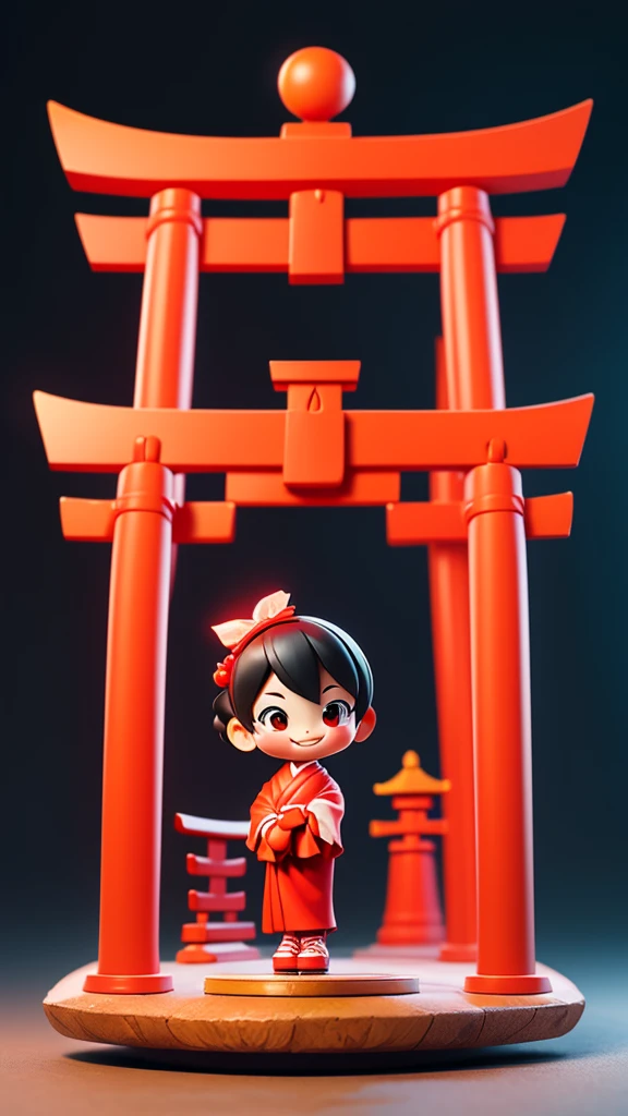 Place one small doll on a circular stand, By Cartoon picture book of background is a Fushimi Inari-taisha Shrine in Japan, with many red torii gates, It's sunny, kawaii pose, A smile, Raise your right hand, Eye Up, Laugh, Cute red shoes, Ultra Detail, radiant light, Taken from the side.