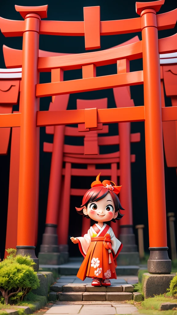 Place one small doll on a circular stand, By Cartoon picture book of background is a Fushimi Inari-taisha Shrine in Japan, with many red torii gates, It's sunny, kawaii pose, A smile, Raise your right hand, Eye Up, Laugh, Cute red shoes, Ultra Detail, radiant light, Taken from the side.