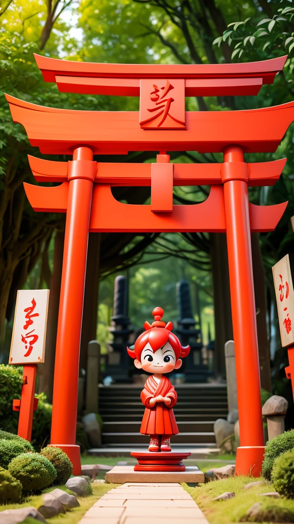 Place one small doll on a circular stand, By Cartoon picture book of background is a Fushimi Inari-taisha Shrine in Japan, with many red torii gates, It's sunny, kawaii pose, A smile, Raise your right hand, Eye Up, Laugh, Cute red shoes, Ultra Detail, radiant light, Taken from the side.