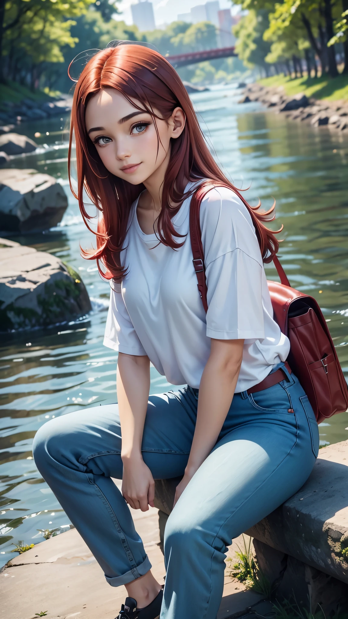 digital art, (girl, red_hair, flowers, baggy jeans, white shirt, discreet smile, cute look), (sitting on a bench, river in the background, golden hour),, by Daniil Suponitskiy jpegman