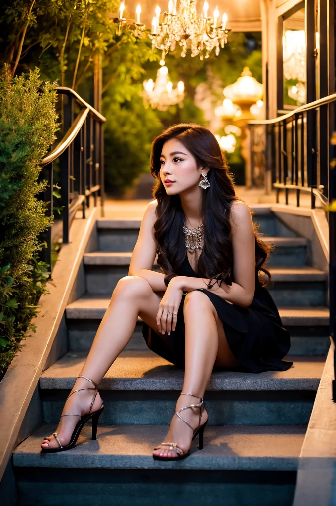 Full body high fashion, wavy long hair, floating hair by the wind, extreme artistic, intricate poses, Incredible photorealistic high resolution camera pics in the style of gardenia of a luxury scenic at gazebo full of flowers in rooftop with Jakarta city scape view in the night and beautiful exterior decoration, realistic eyes, facial profile view, Head to toe, Full body, used stilletto heels, used earrings, relaxed, at night Cinematic, ethereal, a young Asian who looks like
An idol, sitting on the stair of gazebo, sophisticated modeling beautiful in the style of wealthy appearance, glamour lights, backlight, soft light, dim light, hair light, epic lighting, natural colors, glamourous atmosphere, romantic vibes